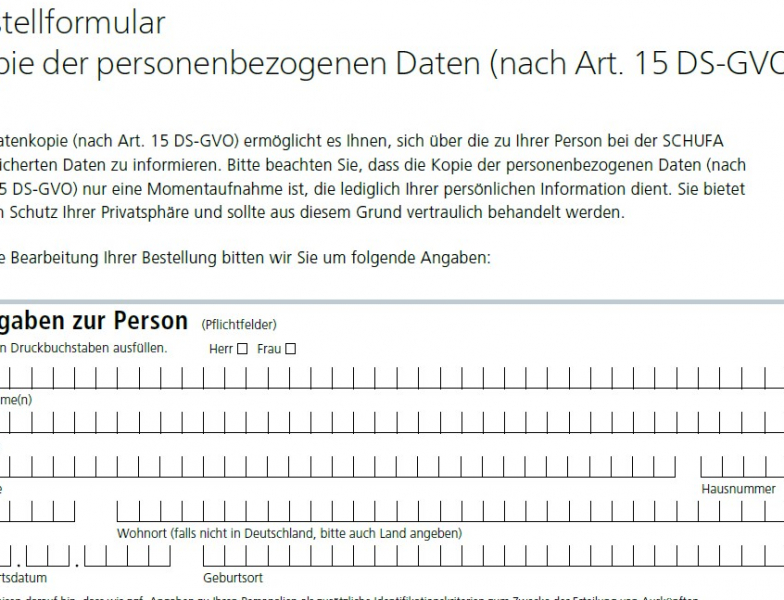 Schufa Auskunft Düsseldorf sofort kostenlos - PDF-Formular