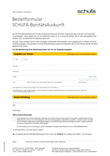 Bestellformular Schufa Bonitätsauskunft