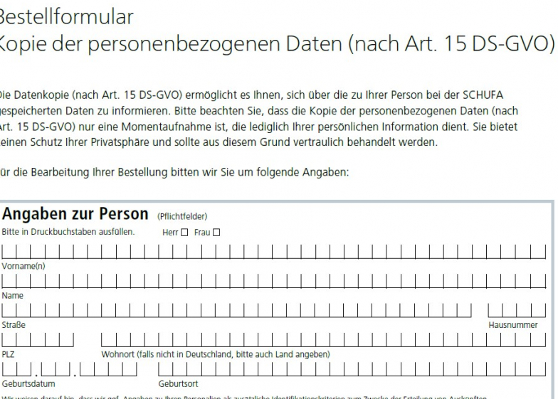 Schufa Auskunft Köln sofort - Bestellformular PDF-Formular