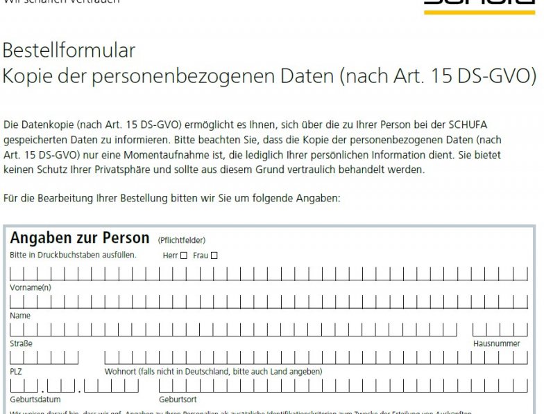 Schufa Auskunft Hamburg sofort - Bestellformular im PDF-Formular
