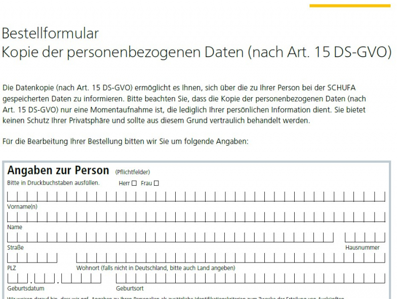 Schufa Auskunft Düsseldorf sofort - Bestellformular im PDF-Formular